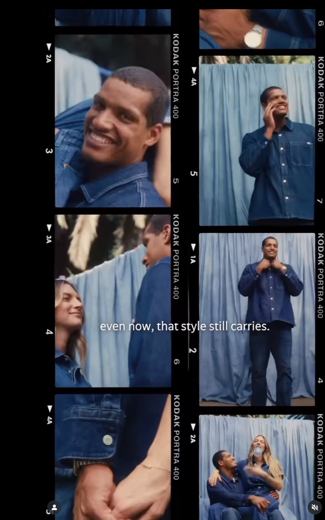 A collage of six photos featuring a young man in a dark blue shirt with a blue curtain backdrop. The photos show him smiling, talking on a phone, and interacting with a woman, who is also smiling. The collage includes the words "even now, that style 
