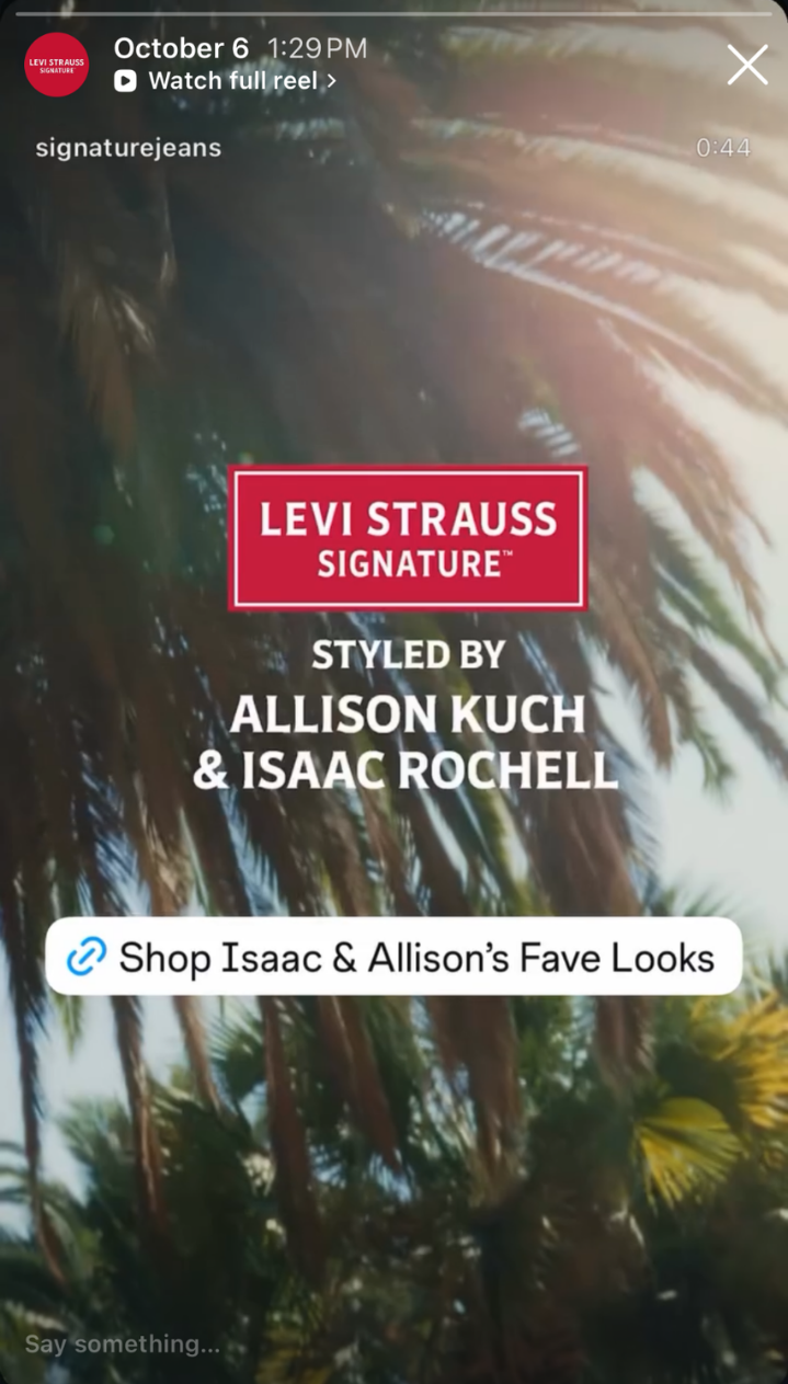 Text overlay on an image of palm trees reads: 'Levi Strauss Signature', 'Styled by Allison Kuch & Isaac Rochelle', with a link to shop Isaac & Allison's looks.
