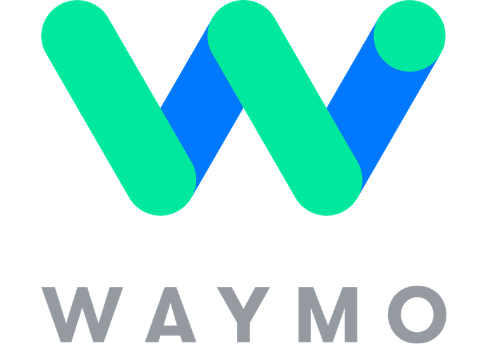 Waymo logo with a stylized letter 'W' in green and blue colors, and the word 'WAYMO' written below in gray.