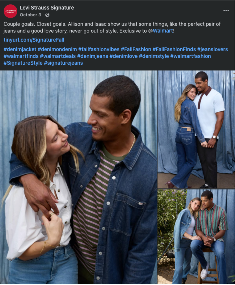 Three photos of young couples smiling and holding hands against a blue curtain and outdoor background, wearing denim or casual outfits.