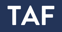 Logo with the letters 'TAF' in white on a dark blue background.