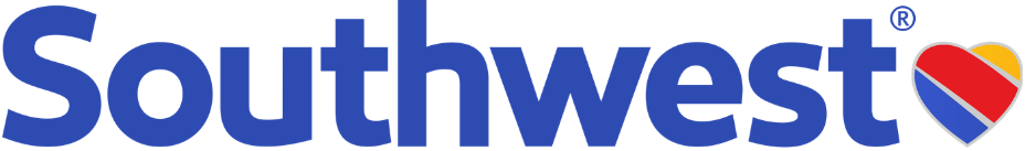 Southwest Airlines logo with a blue text and a heart-shaped icon in red, yellow, blue, and white.