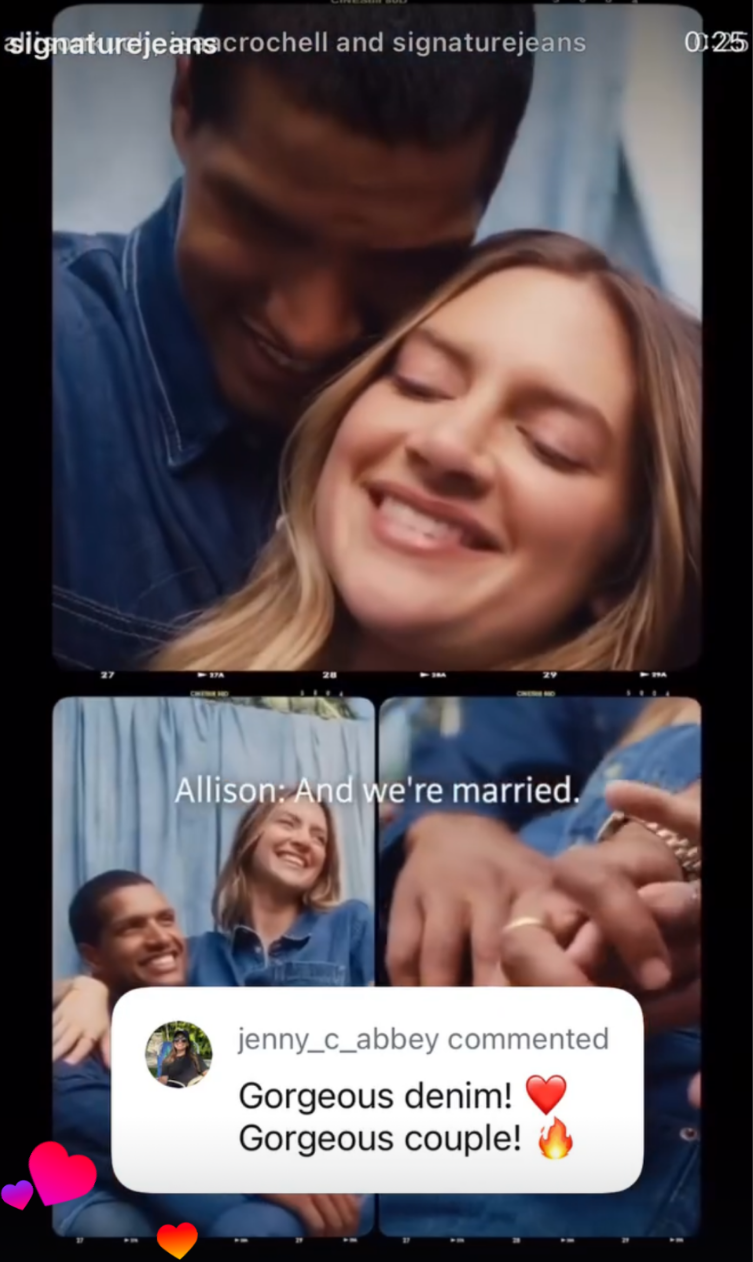 A collage of images showing a couple happy and smiling, with one image featuring them holding hands. There is TikTok overlay text saying "And we're married." and a comment praising their denim outfits.