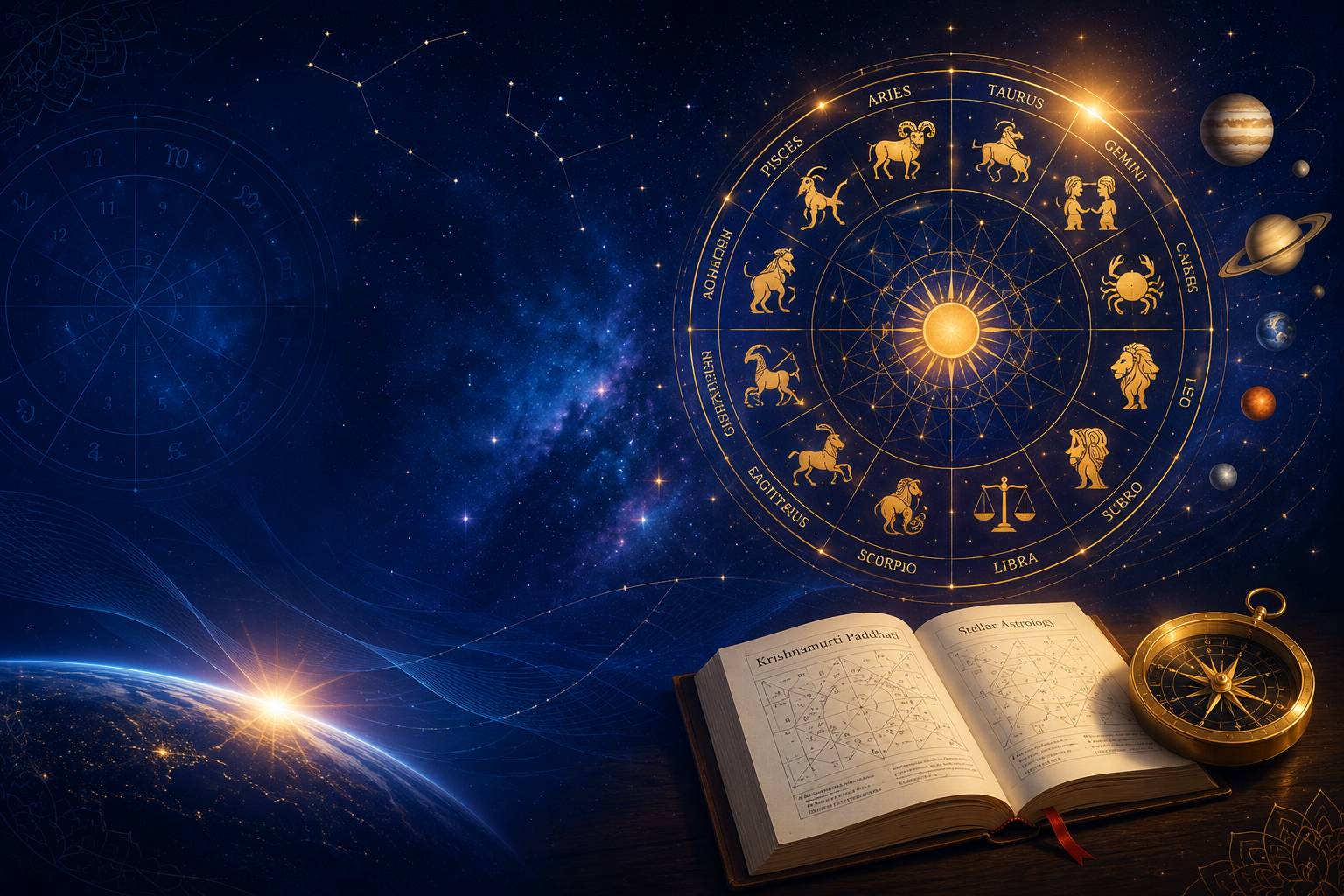 KP Astrology birth chart consultation illustration with zodiac signs, planets, compass, and Earth at sunrise