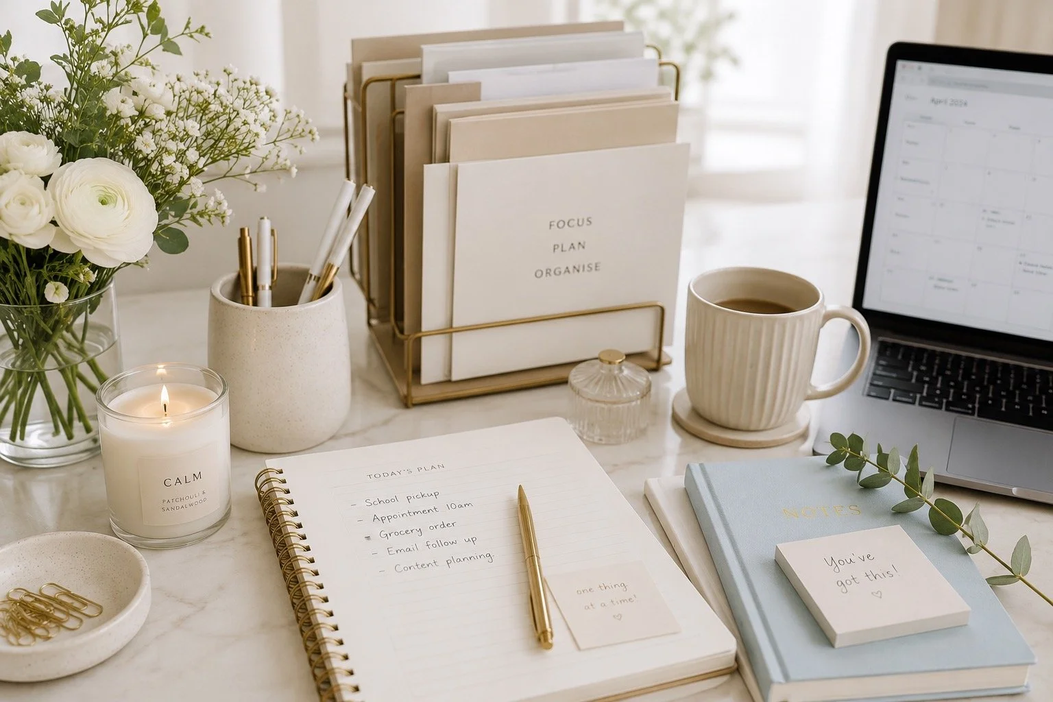 A neatly organized workspace with a vase of white flowers, a lit candle labeled 'Calm,' a notebook with handwritten to-do list, a gold pen, a light blue notebook labeled 'Notes,' sticky note saying 'You've got this!,' a laptop displaying a calendar, a mug of coffee, and various papers and stationery.