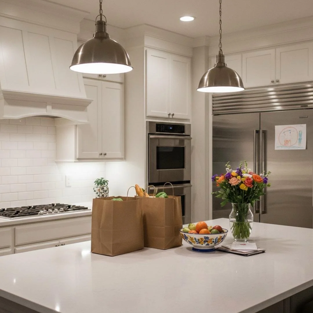 White kitchen with two hanging pendant lights, white cabinetry, a built-in oven, a stainless steel refrigerator, a bowl of fruit, paper grocery bags, a vase of flowers, and a drawing on the refrigerator.