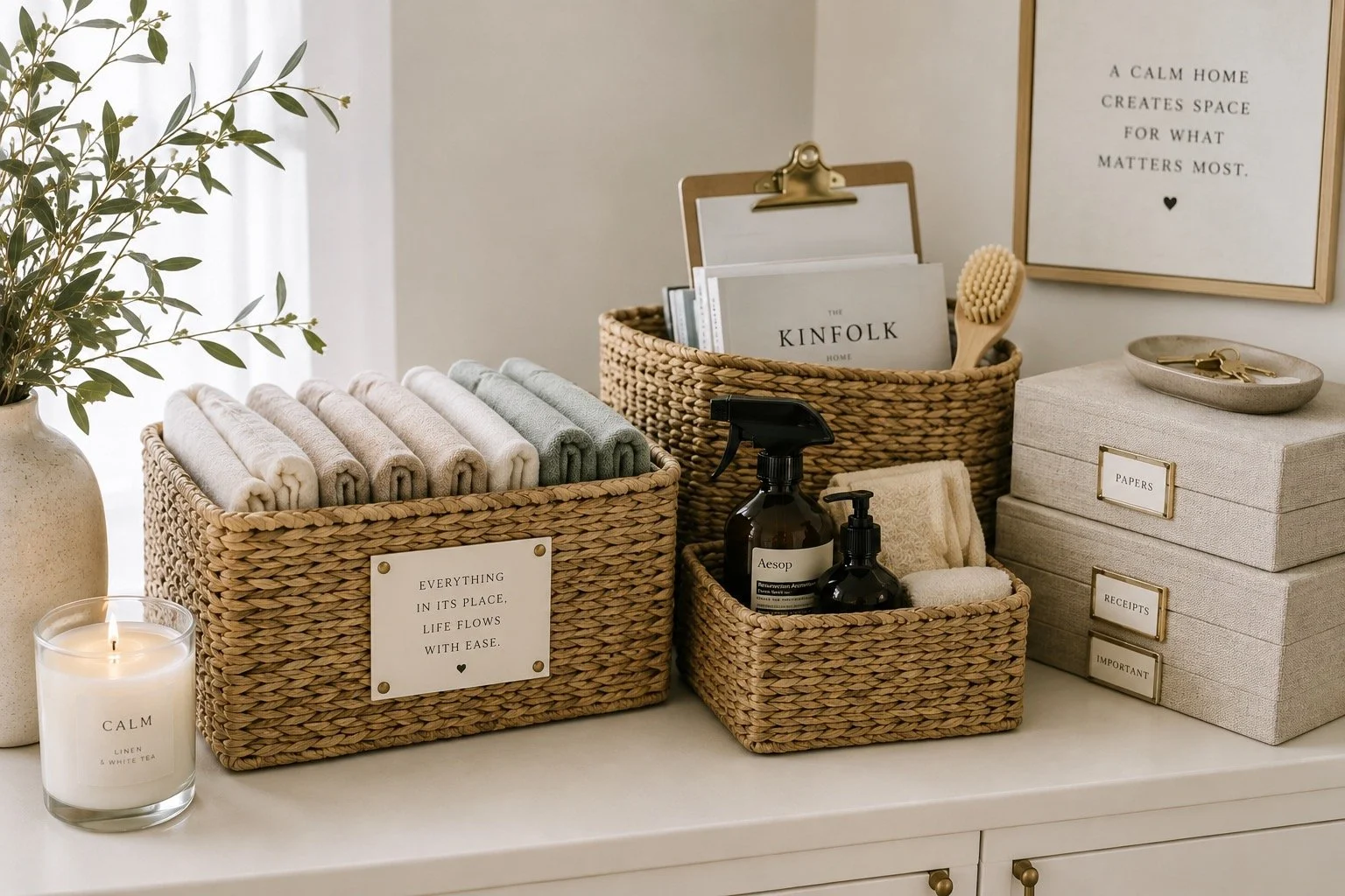 Decorative organization of towels, magazines, hand soap, and storage boxes on a white dresser in a cozy, minimalist styled space.