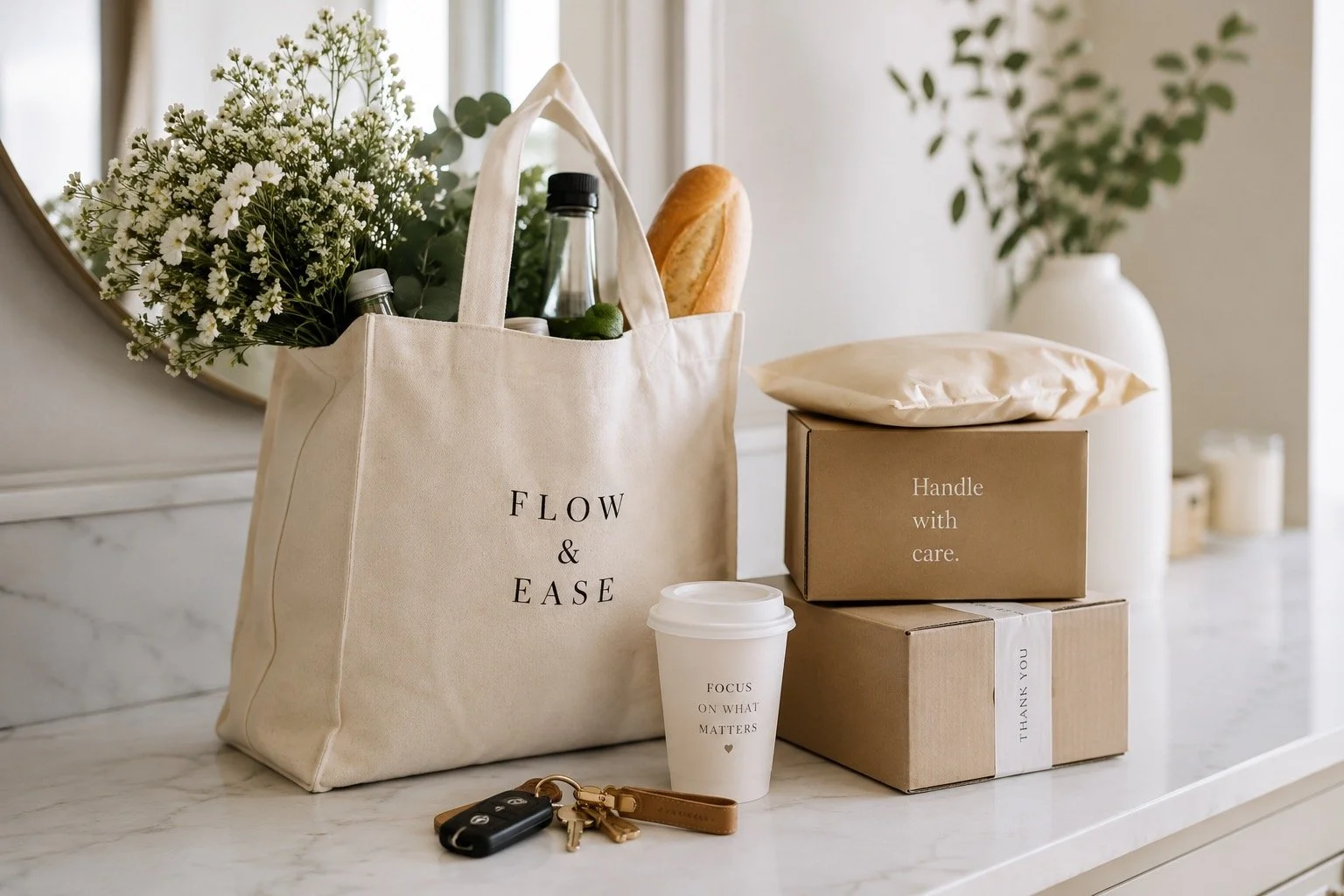 A beige tote bag with the words "Flow & Ease" printed on it, filled with flowers, a baguette, and bottles. Next to the bag, there are boxed items, a coffee cup with the text "Focus on what matters," and keys, on a white marble surface. In the background, there is a mirror and a large potted plant.