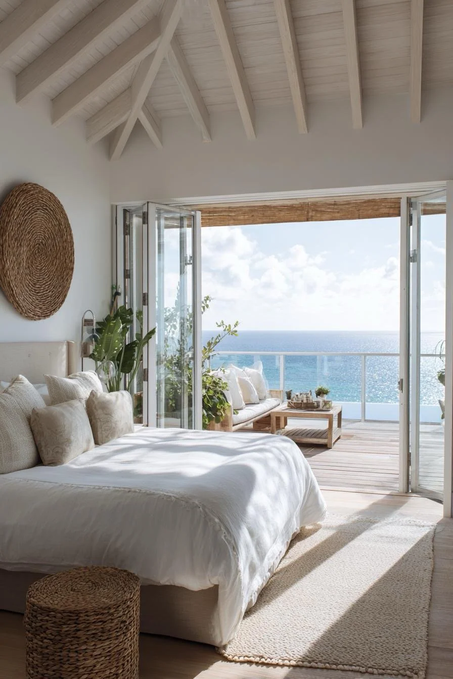 Bright bedroom with a view of the ocean, featuring a white bed with linen pillows, potted plants, a woven wall decoration, and a balcony with seating and a view of the sea.