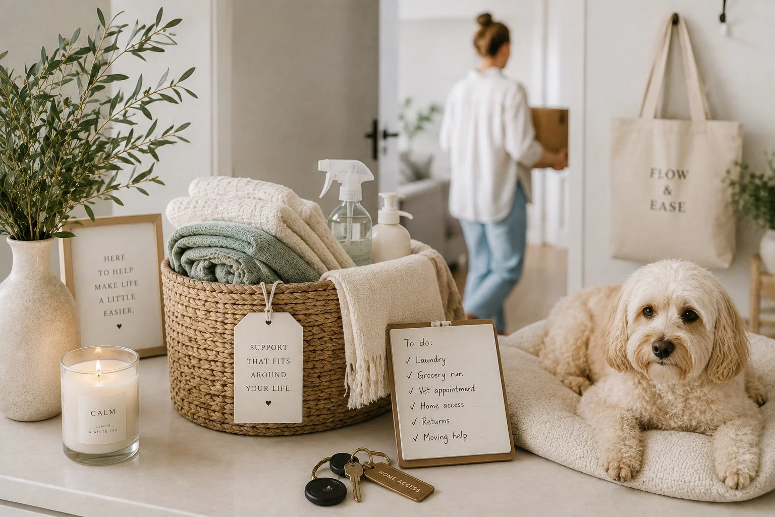 A cozy living space with a table holding a potted plant, a framed quote, a lit candle, folded towels, spray bottles, and a support tag. A whiteboard lists chores, and a set of keys with a home access tag. In the background, a woman opens a door, and a fluffy dog lounges on a soft cushion on the table. A tote bag with 'Flow & Ease' hangs on the wall.