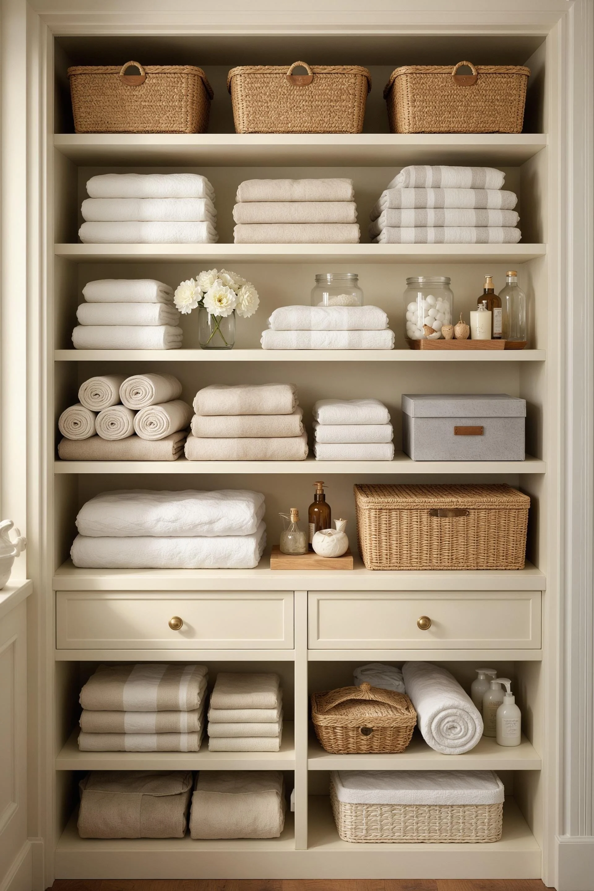 A white storage cabinet filled with neatly folded towels, baskets, jars, and bottles in a bathroom or linen closet.