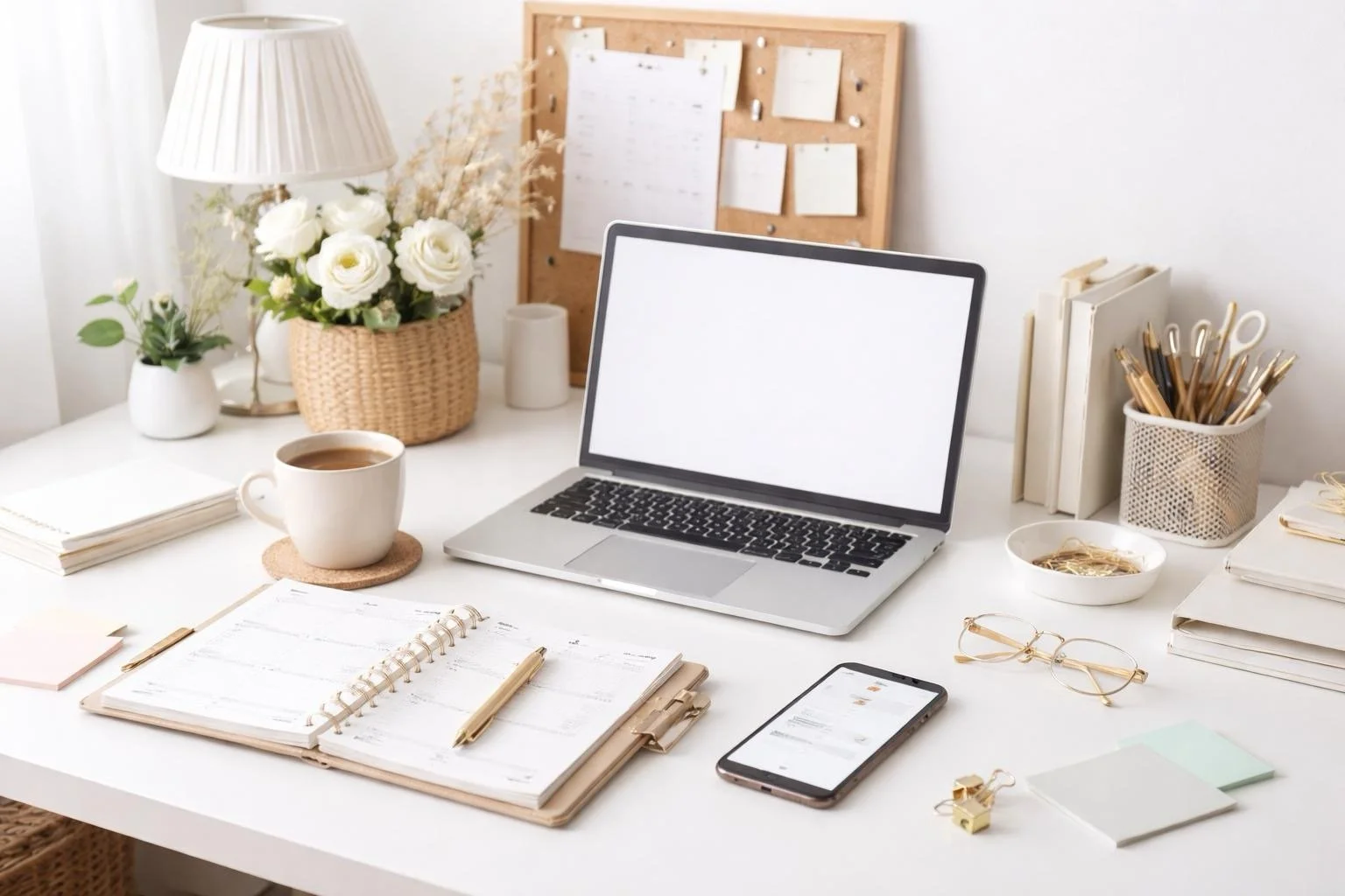 A tidy workspace featuring a white desk with a laptop, smartphone, a cup of coffee, notebooks, stationery, and decorative items including a flower vase, glasses, and a corkboard with pinned papers.