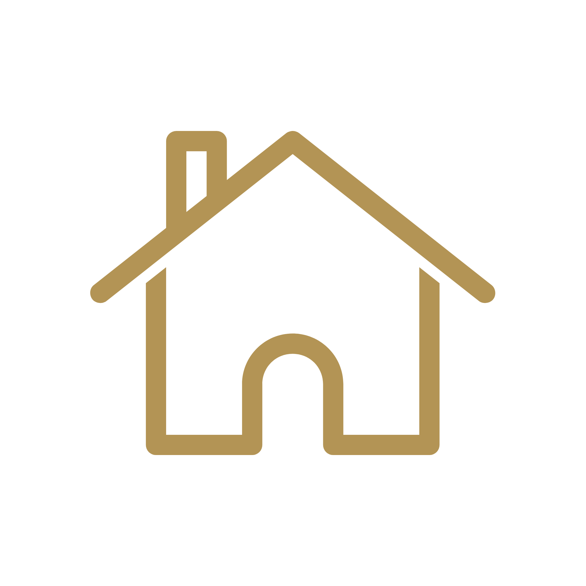 A gold-colored outline of a house with a chimney and a tree to the right, set against a black background.