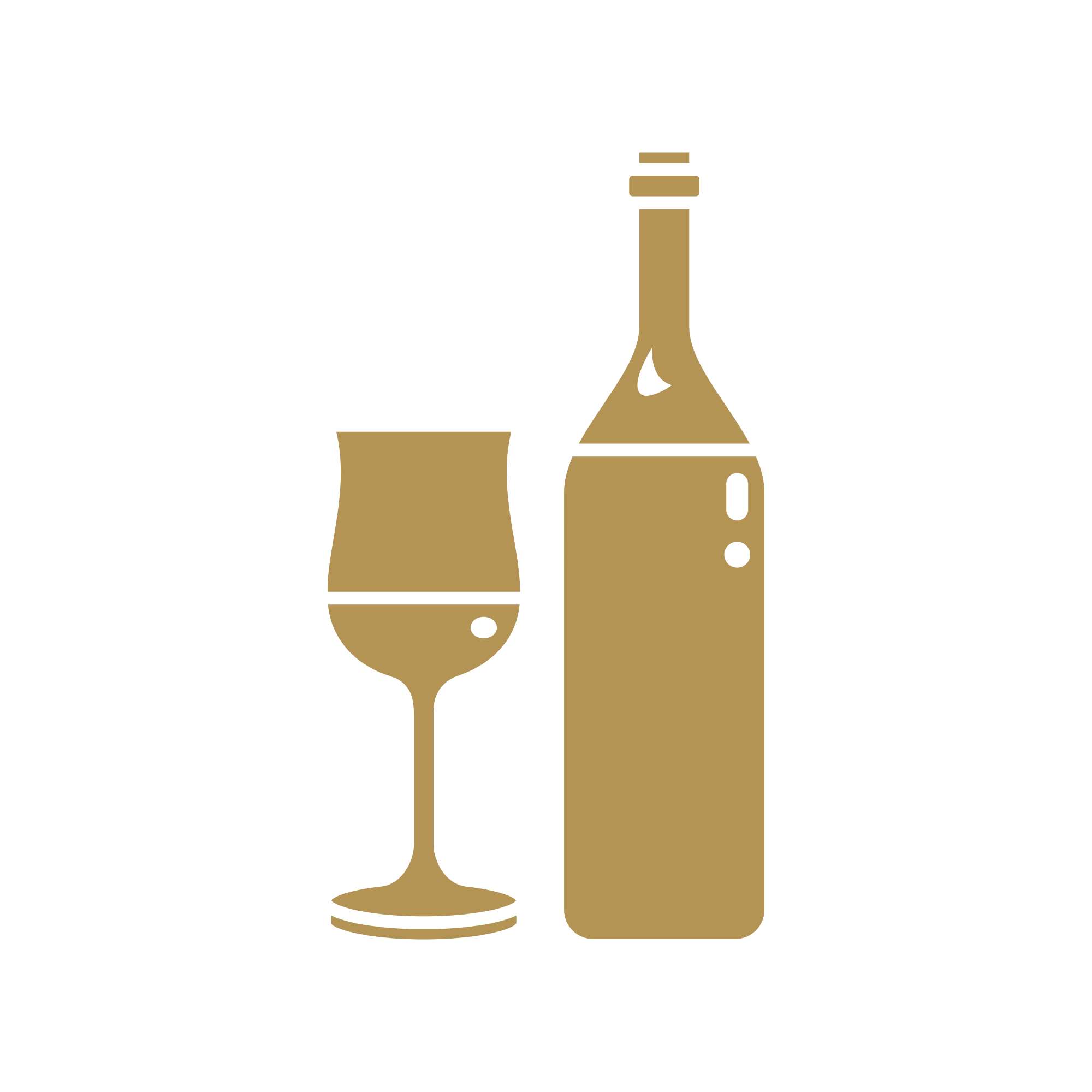 Silhouette of a champagne glass, a bottle, and a small container on a black background with gold accents.