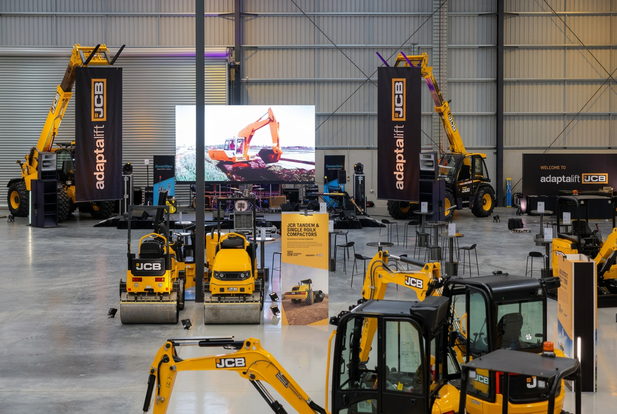 Indoor exhibition of construction equipment, featuring yellow JCB machinery including excavators and compactors, with banners and informational displays.
