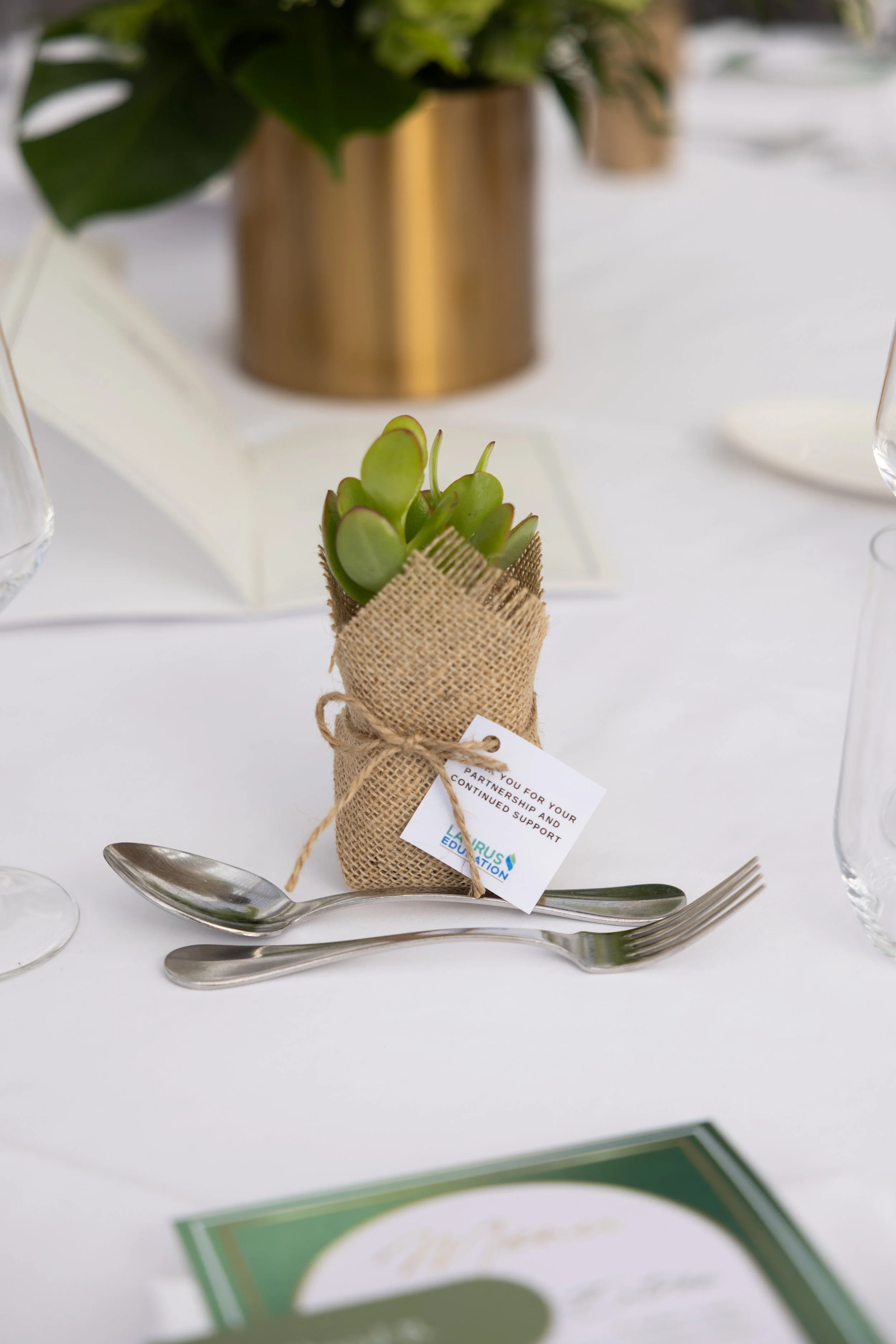 Small potted succulent plant wrapped in burlap with a white tag, placed on a white table setting with silverware, glasses, and a blurred background of a larger plant in a gold container.