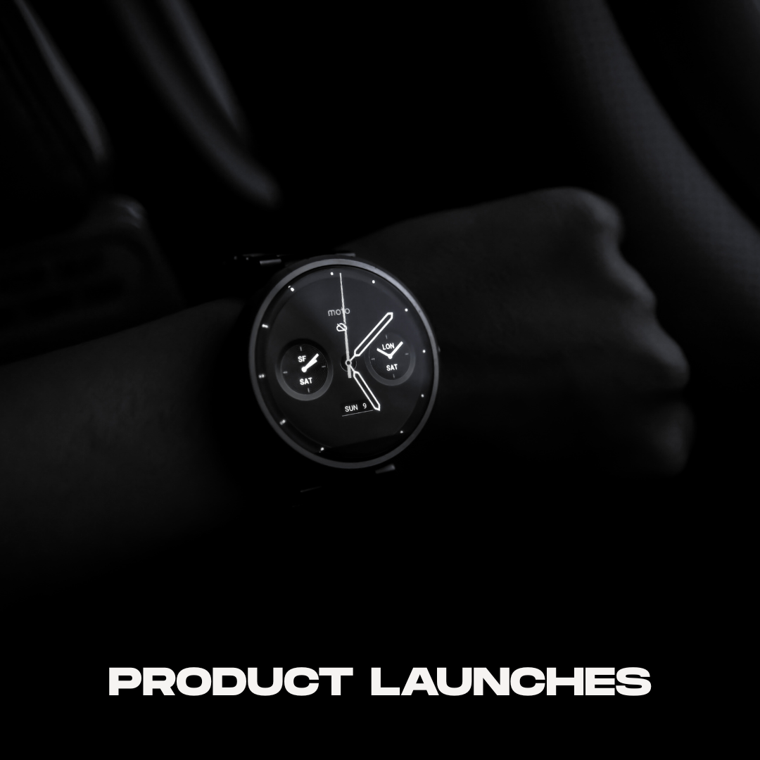A smartwatch showing time and date on a black background, with the text 'PRODUCT LAUNCHES' at the bottom.