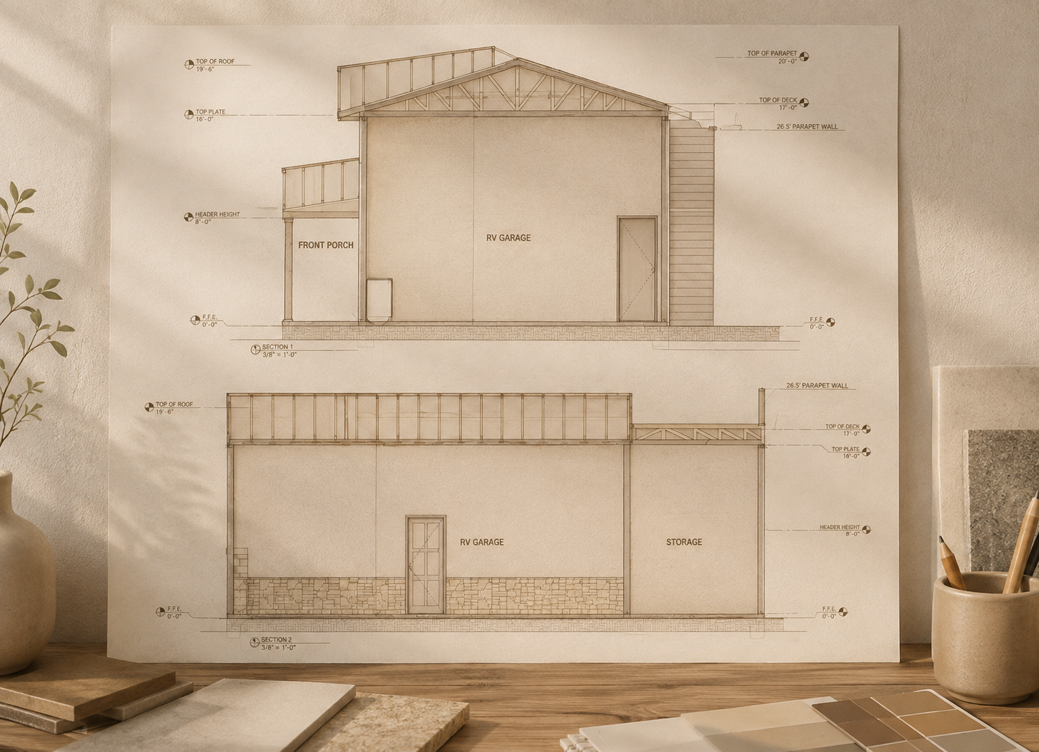 Architectural drawings showing elevations, sections, and details for a residential RV garage addition.