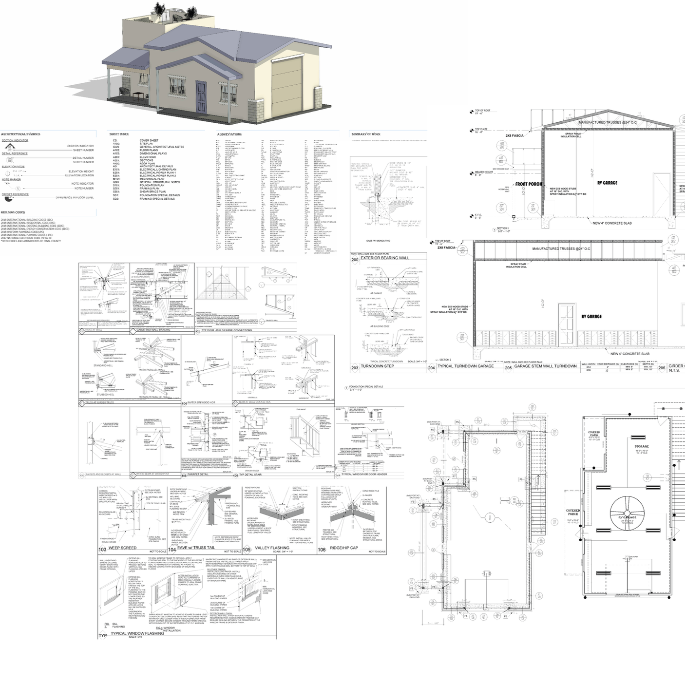 Residential construction drawings showing architectural elevations, details, and plans.