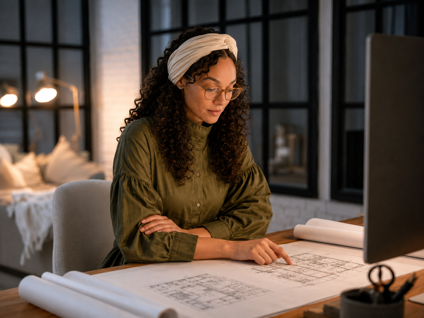 Designer reviewing architectural drawings at a studio desk.