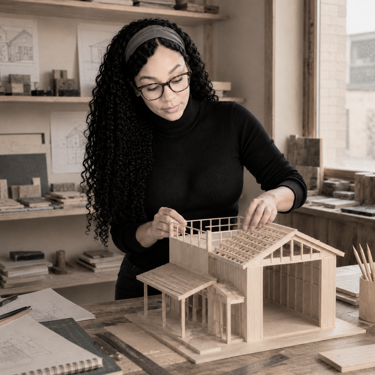 Designer working on a wooden architectural model in a studio.