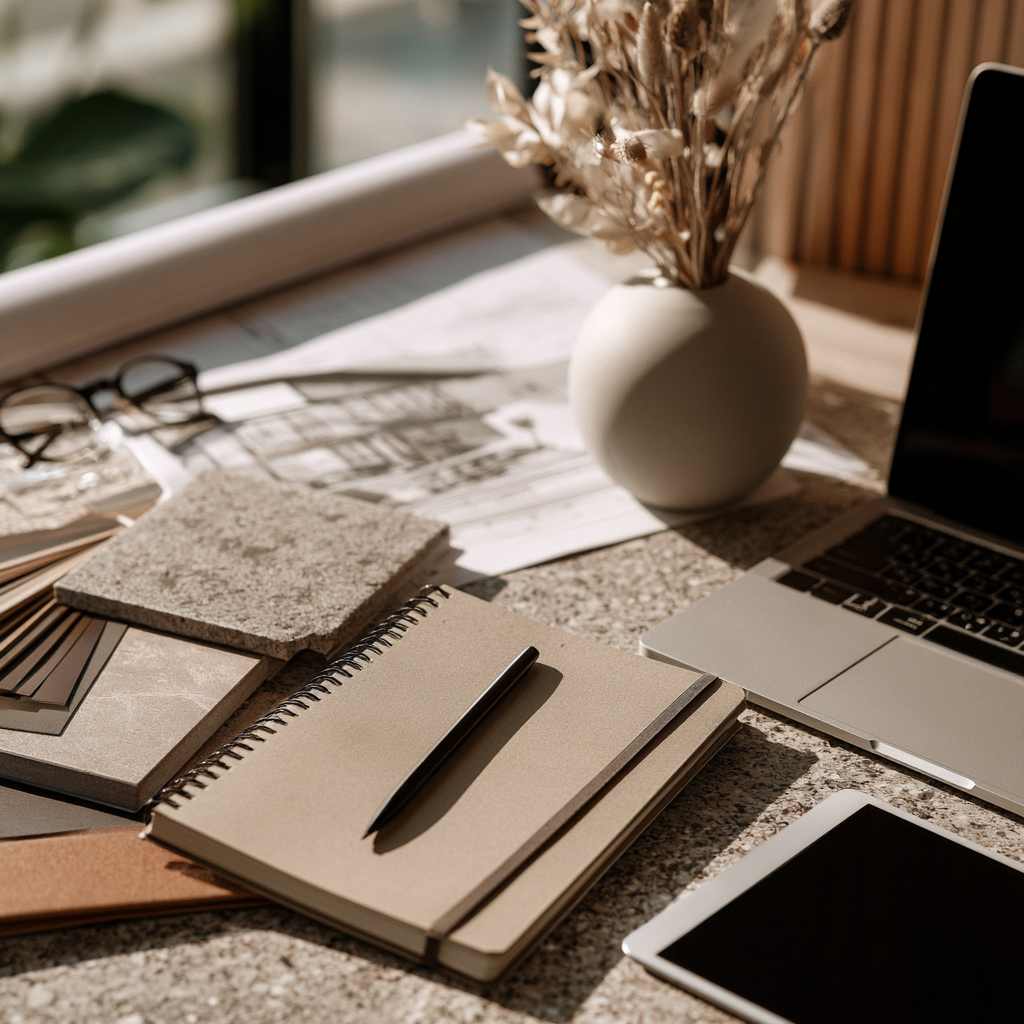 Creative workspace with notebooks, tablet, laptop, and design materials.