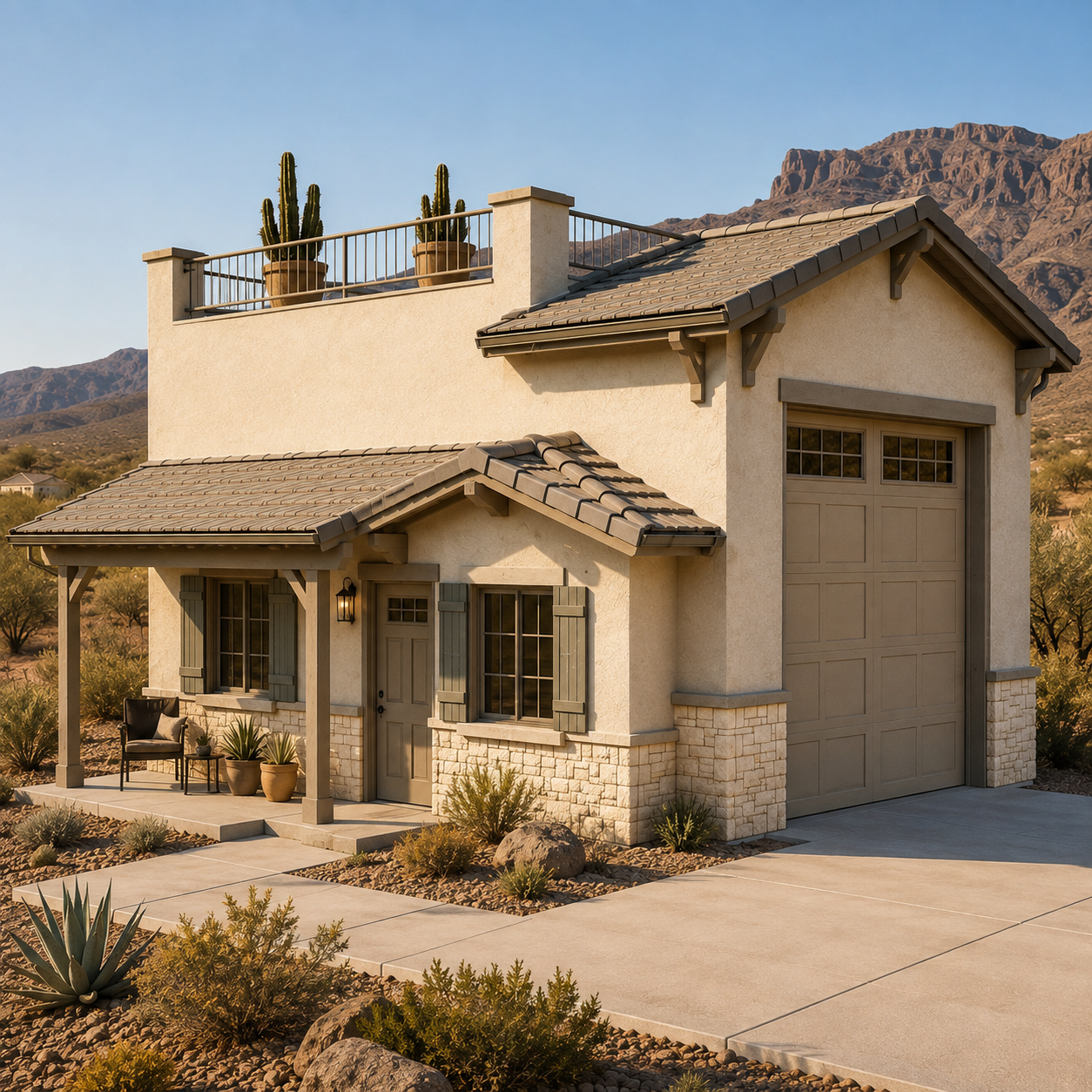 Two-story Southwestern home with warm neutral finishes and desert landscaping.