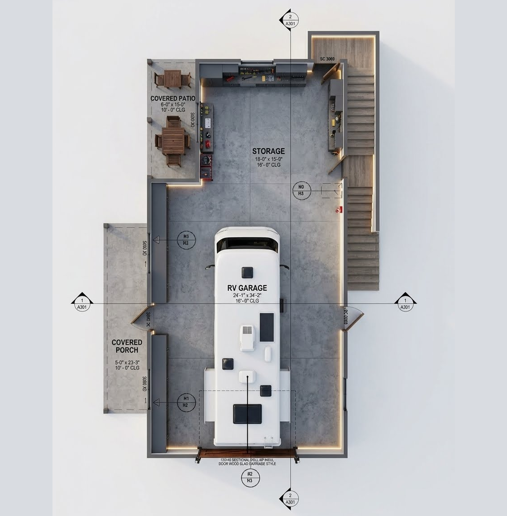 Residential floor plan for a large RV garage addition with storage, covered patio, and porch areas.