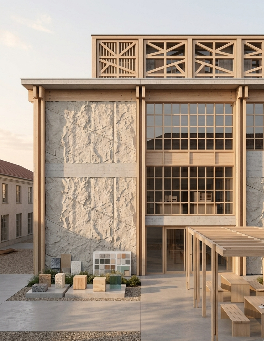 Modern residential architecture featuring warm wood, stone, large windows, and natural material samples.