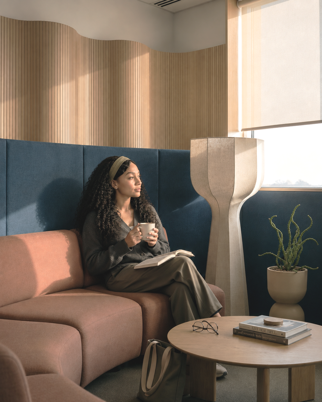 Woman relaxing with a book and warm drink in a comfortable living space.