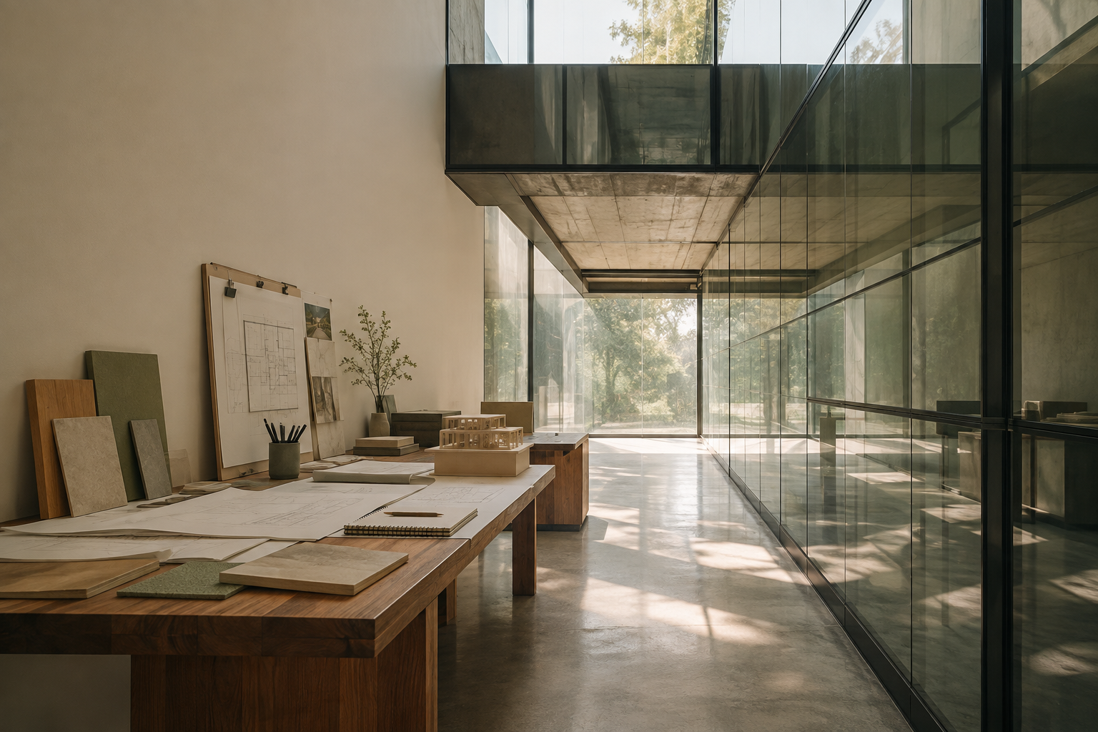 Design workspace with architectural plans, material samples, and natural light.