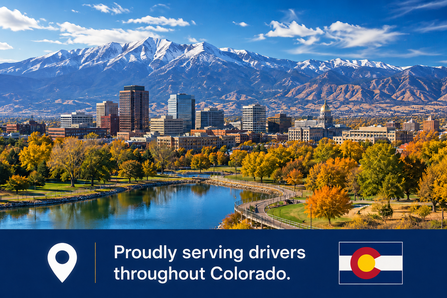 Denver, Colorado skyline with the Rocky Mountains, representing Denver SR-22 insurance service.
