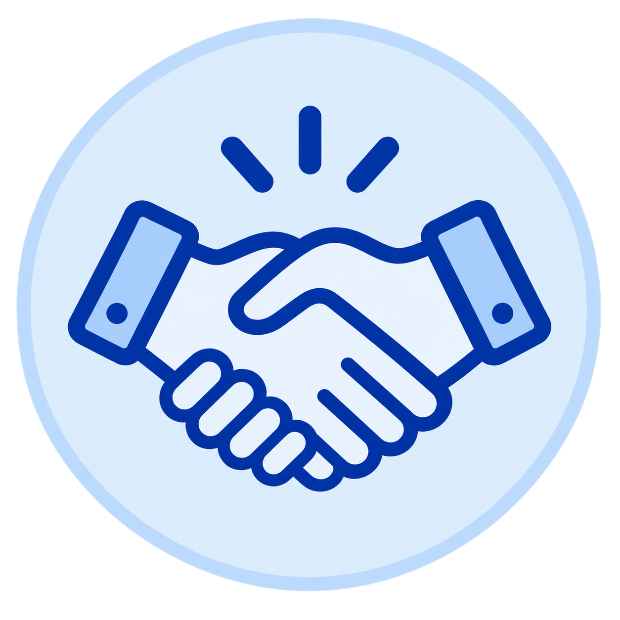 Icon of two hands shaking, with lines above indicating praise or acknowledgment.
