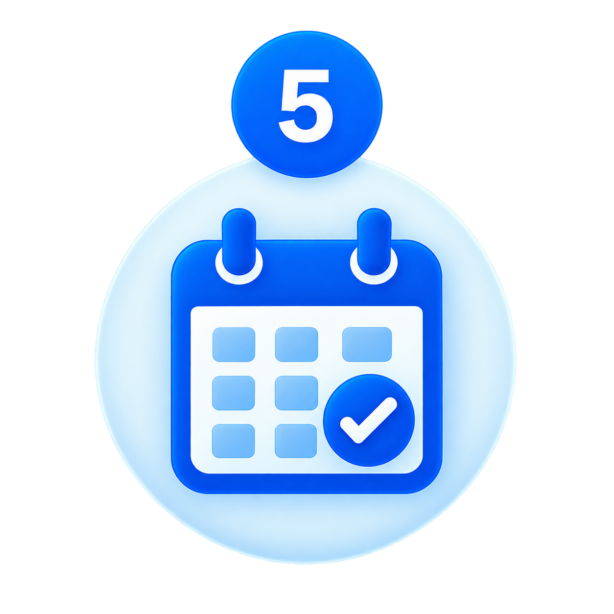 Icon of a calendar with a check mark and a blue circle with the number 5.