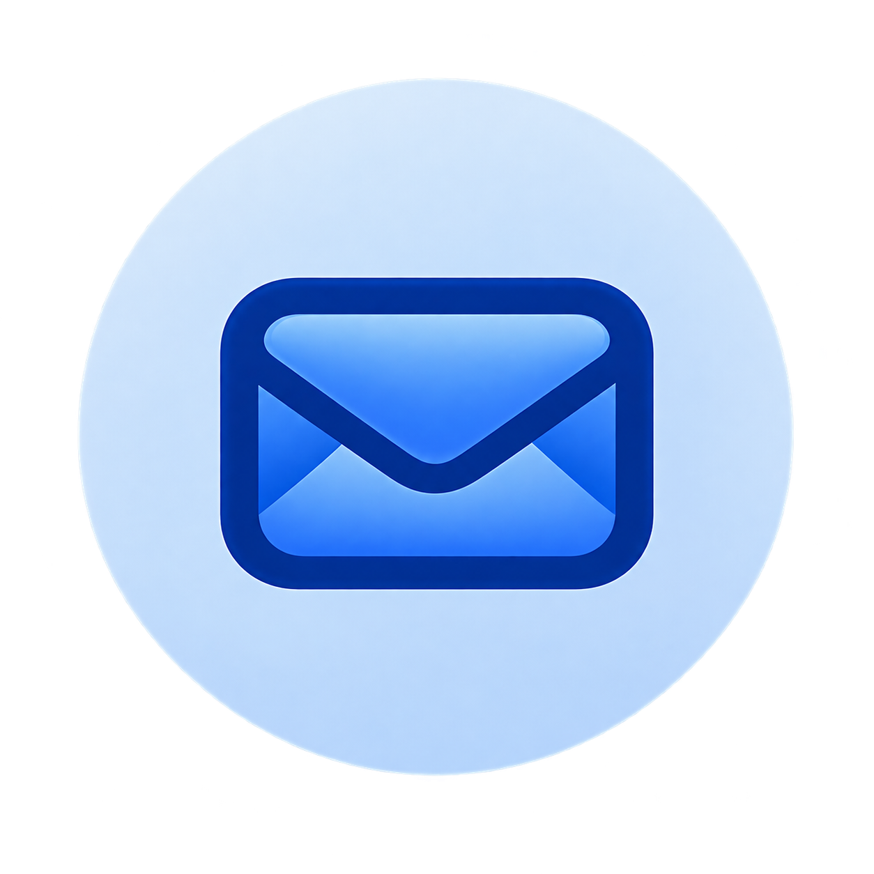 Blue email icon with a stylized envelope design on a circular white background.