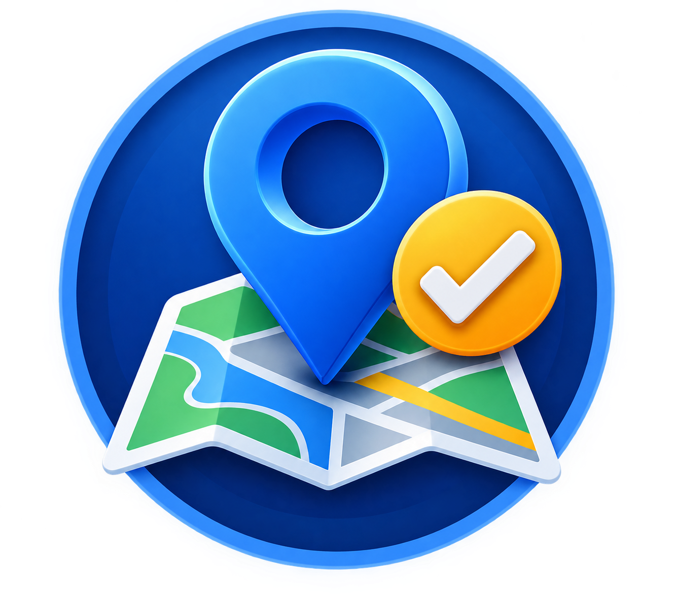 A digital icon representing location tracking with a blue map pin, a map with colored paths, and a yellow checkmark