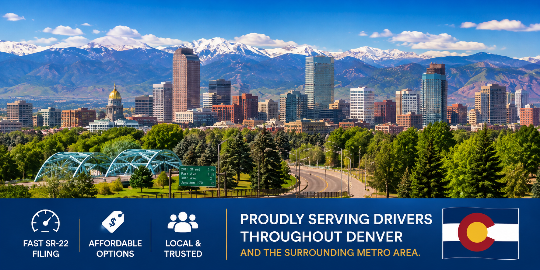 A panoramic view of Denver's skyline with mountains in the background, green trees and a road in the foreground. Overlaid text mentions services for drivers in Denver with icons for fast filing, affordable options, and trusted local service, along with the Colorado flag.