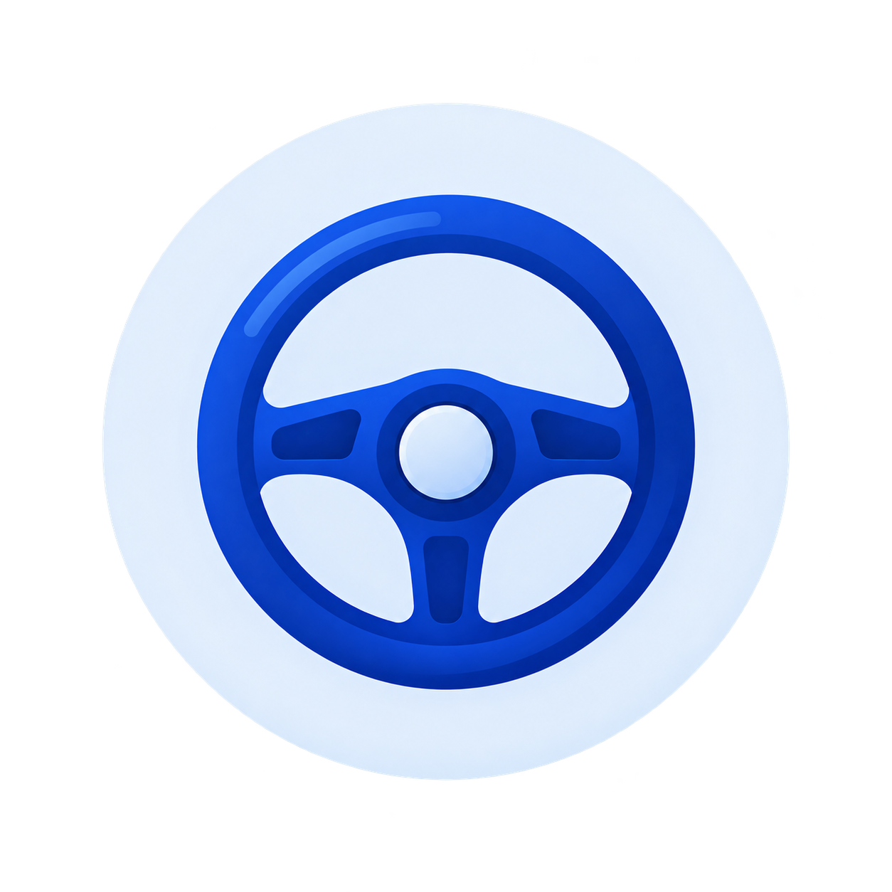 A circular button with a blue steering wheel icon on a white background.