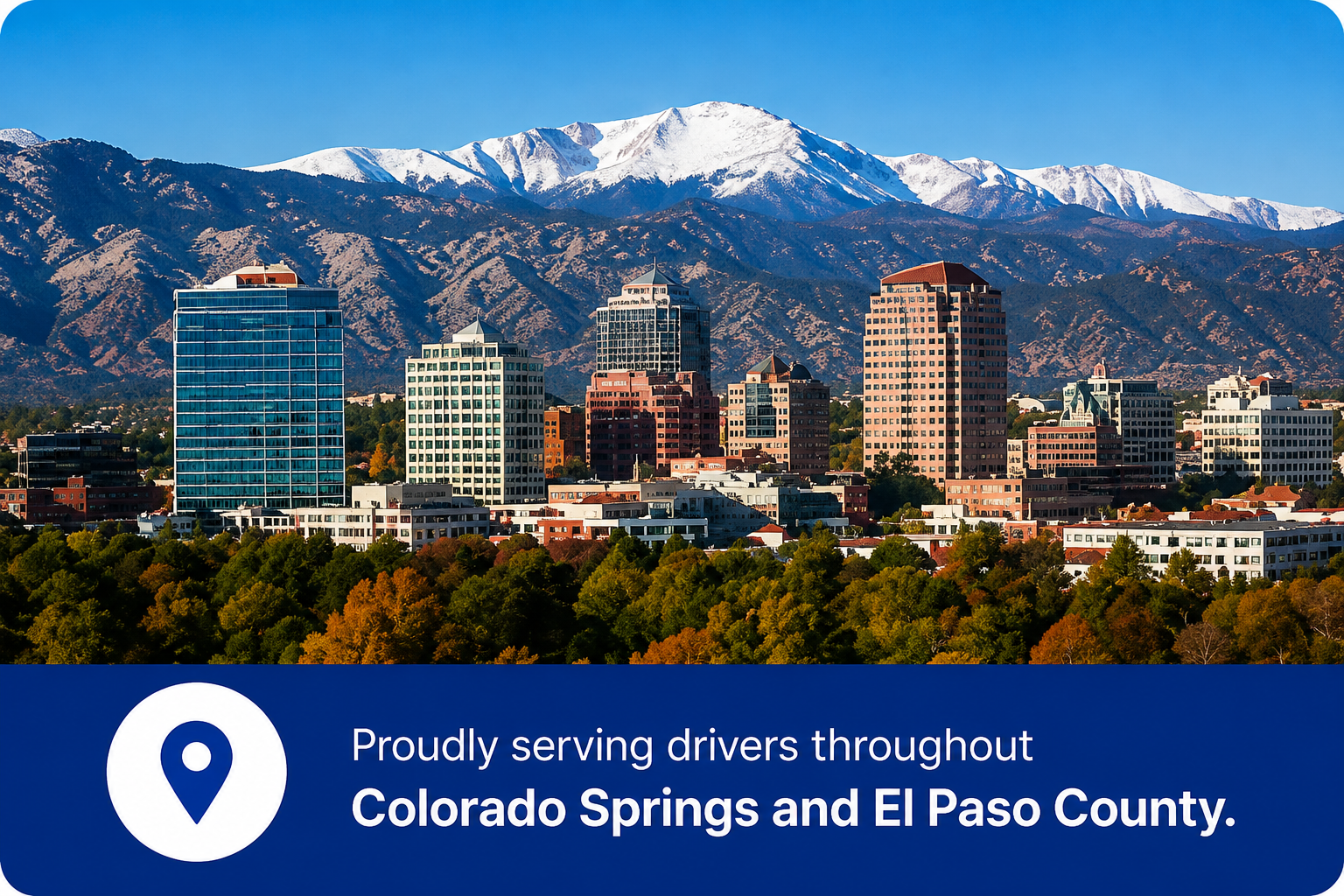 Colorado Springs, Colorado with Pikes Peak and red rock formations, representing Colorado Springs SR-22 insurance service.
