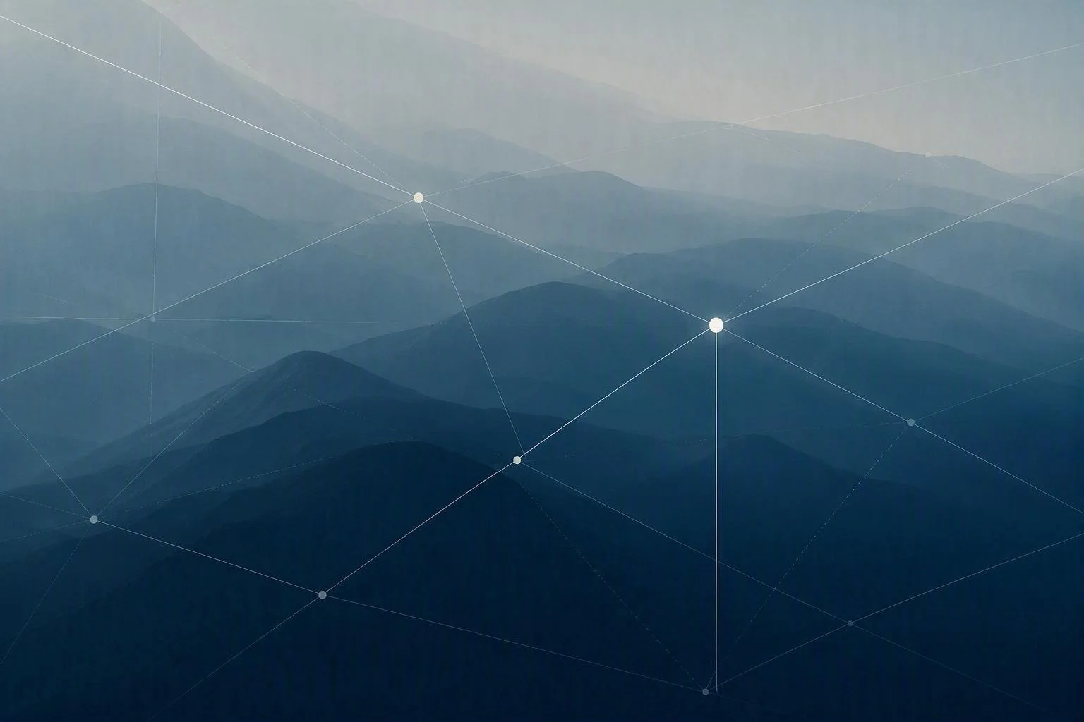 A layered blue landscape with network connections illustrating the relationship between environmental, social and economic systems. The image supports themes of systems thinking, sustainable capital allocation and impact investing.