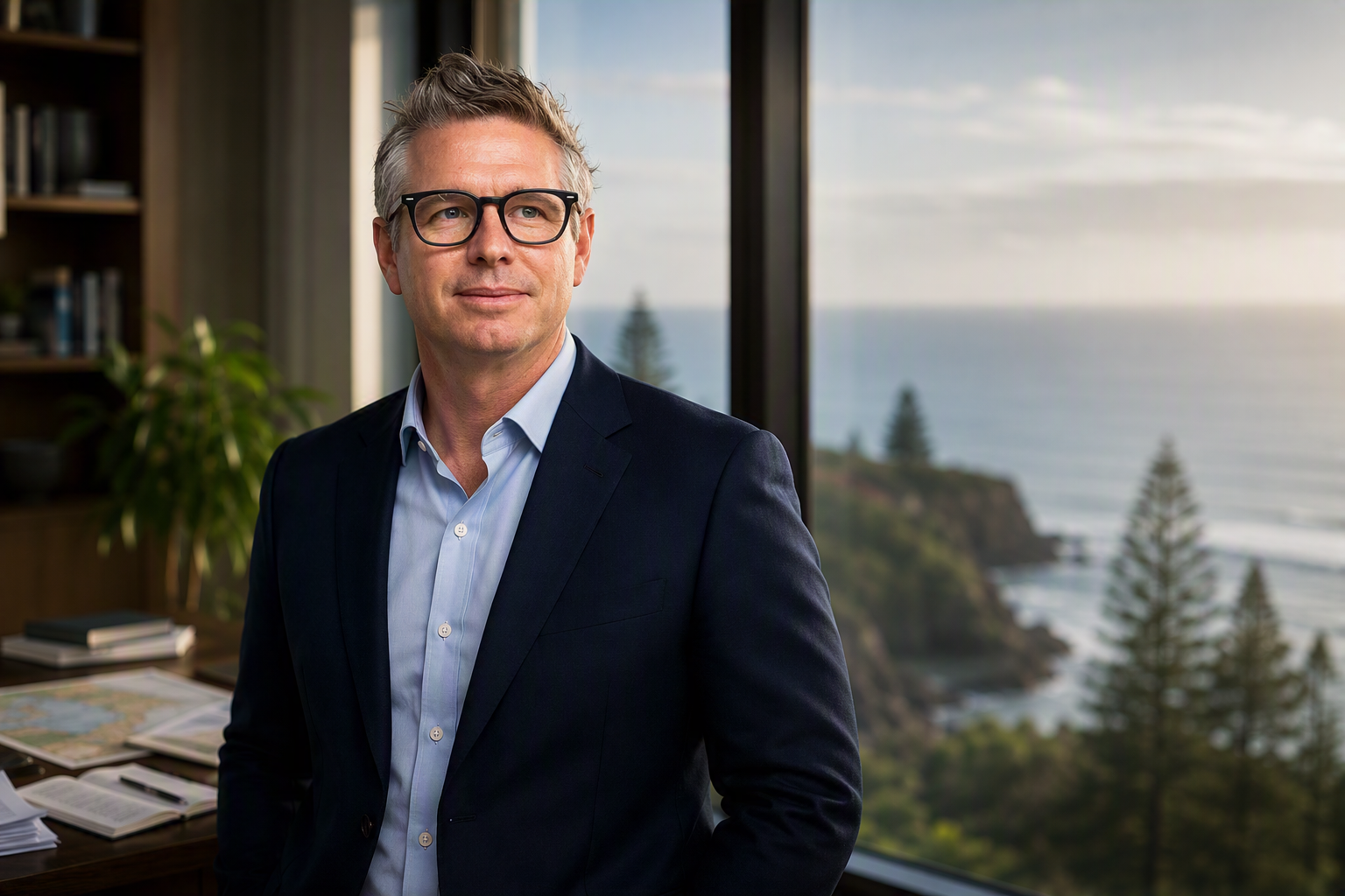 An environmental portrait combining professional expertise with a strong sense of place. The Pacific setting reinforces the firm's regional focus and long-term perspective on investment, sustainability and governance.