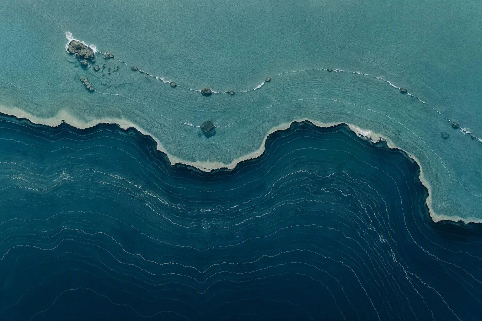 An aerial perspective of Pacific waters meeting a coastline. Layered ocean contours create a representation of interconnected environmental, social and economic systems. The image supports themes of systems thinking, sustainability, resilience, value