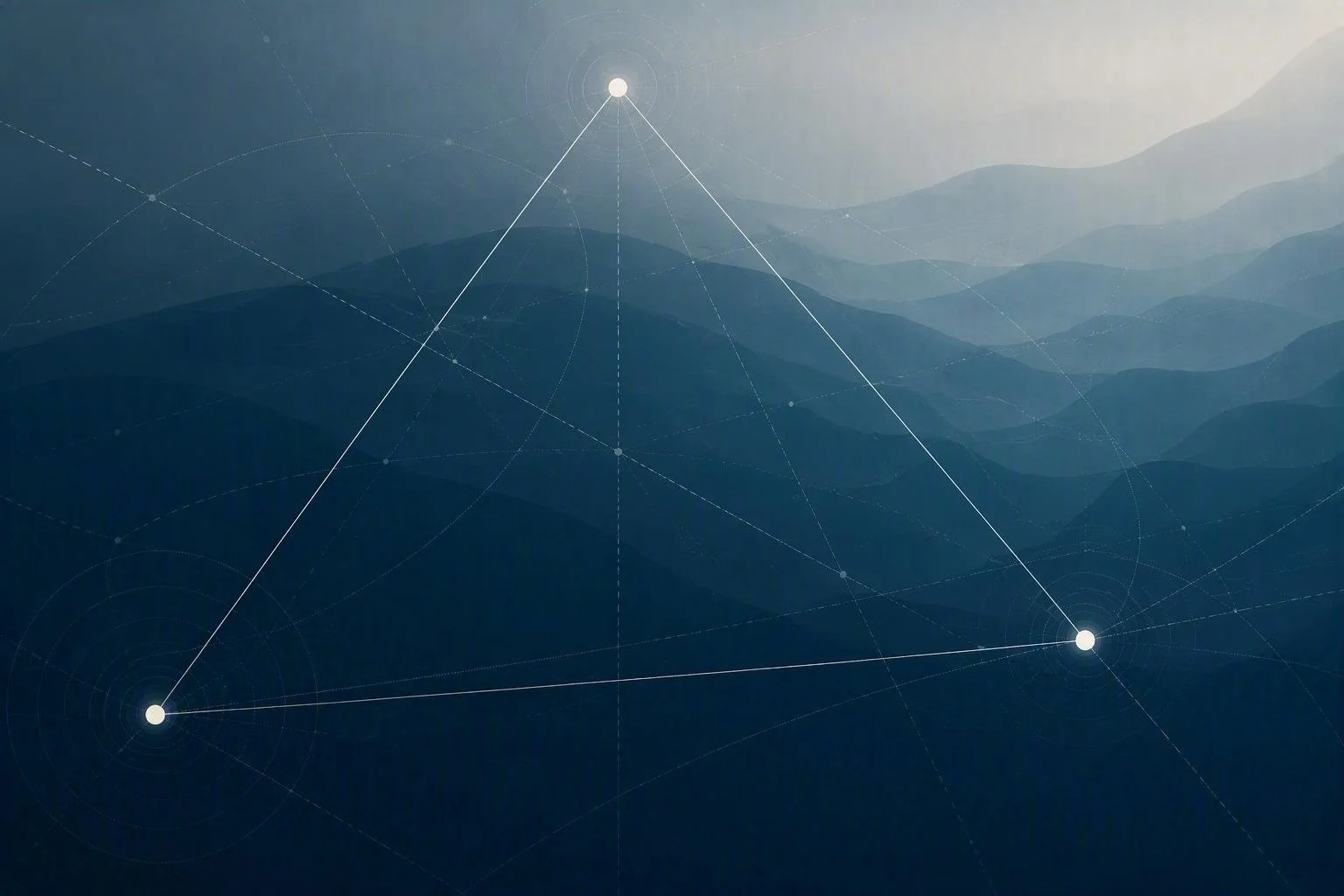 An abstract landscape visualisation featuring interconnected points and pathways across layered mountain ranges. The image represents systems thinking, research, collaboration and the connections between environmental, social and economic outcomes.