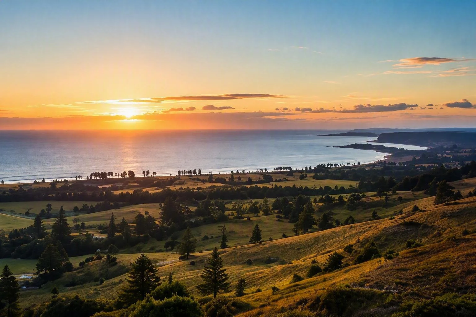 An AI-generated elevated view across rolling hills towards the Pacific horizon at sunrise. The image represents optimism, long-term thinking and sustainable development across Pacific Island economies.