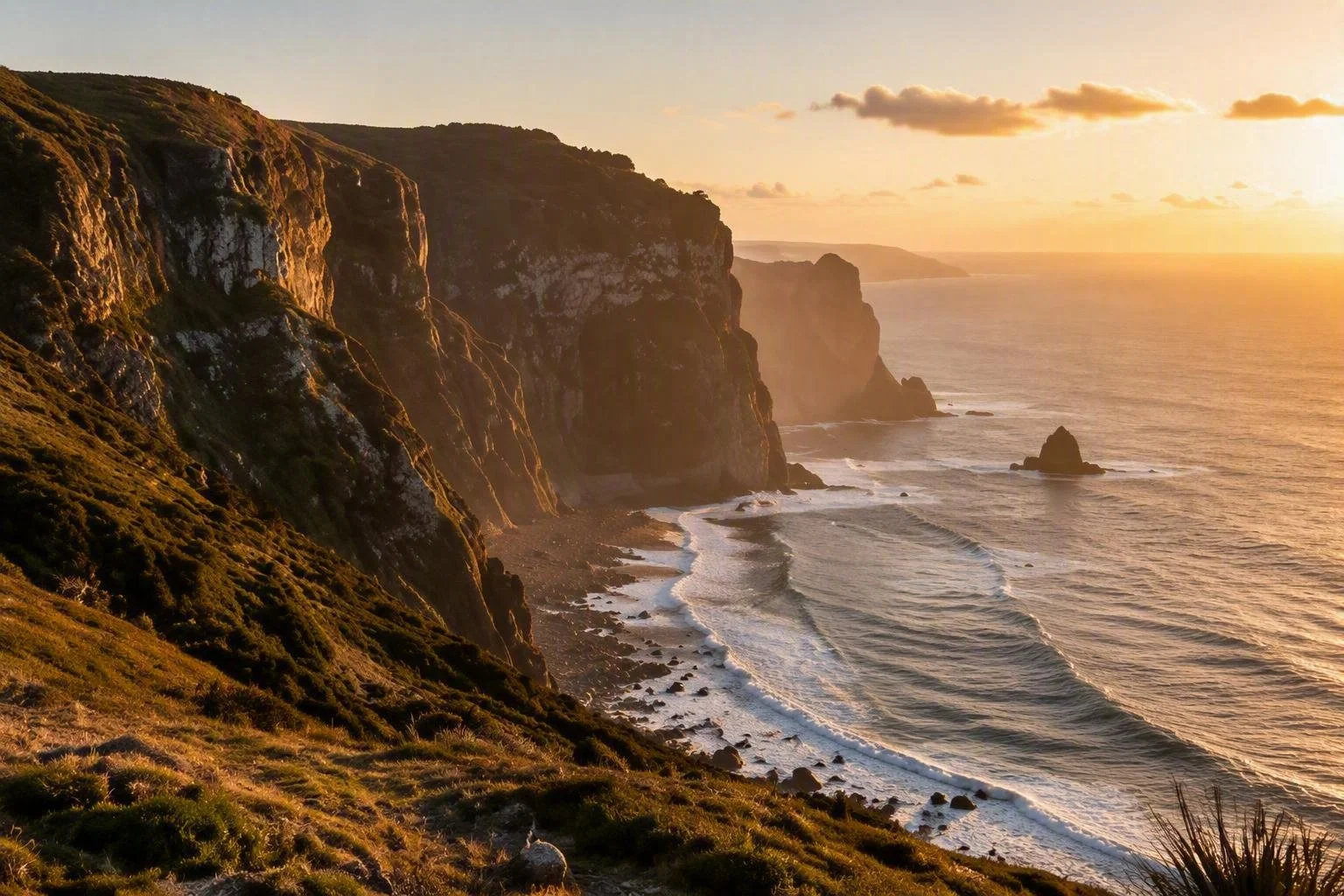 An AI generated panoramic view of Norfolk Island's rugged coastline illuminated by early morning light. The image reflects a long-term perspective, resilience and stewardship of natural and economic systems across the Pacific region.