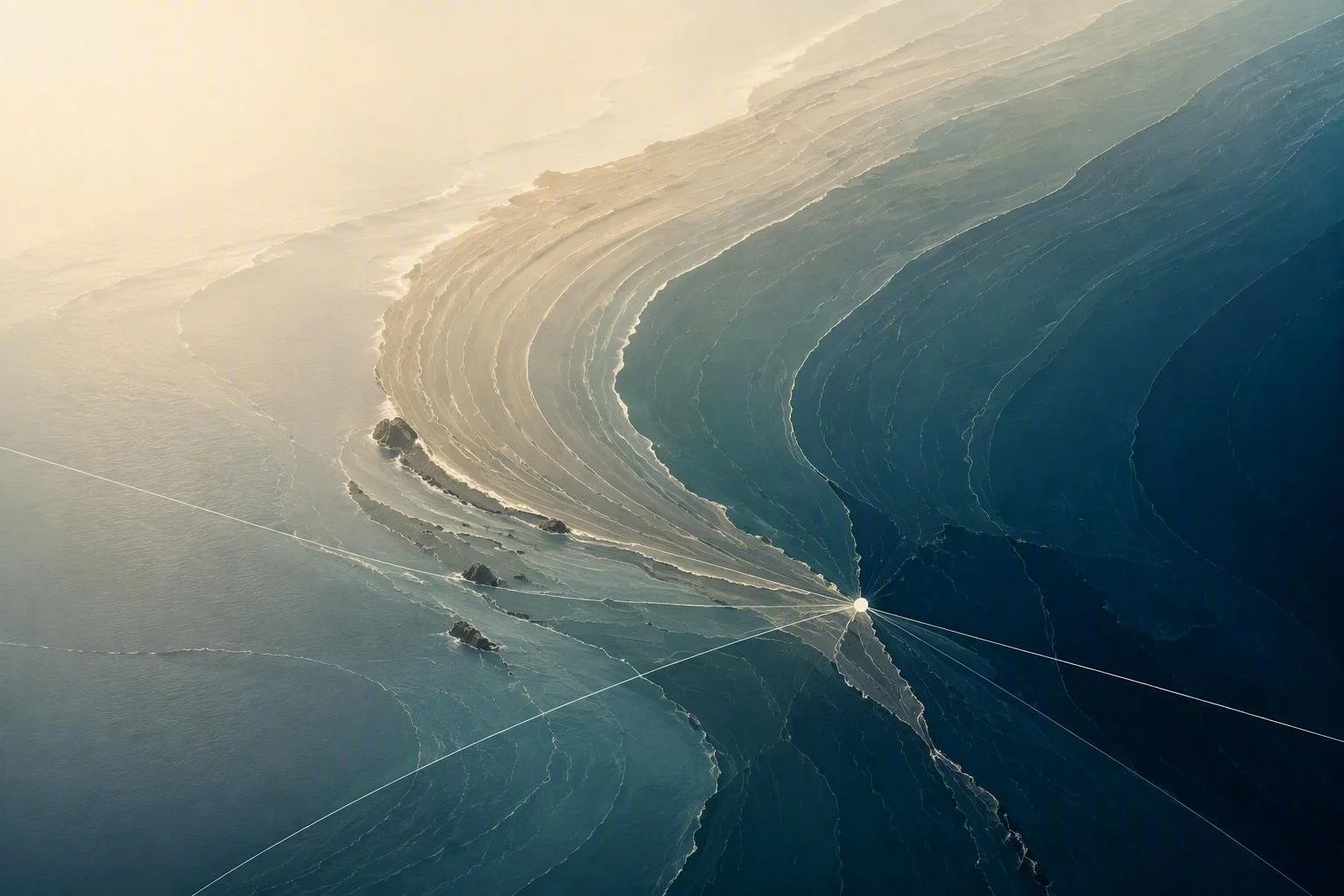 An aerial Pacific-inspired coastal composition illustrating the interaction between natural systems, capital flows and long-term investment outcomes. The image reinforces themes of systems thinking, resilience and sustainable development.