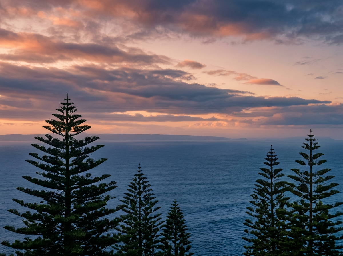 An AI-generated view of iconic Norfolk Island pines silhouetted against a vibrant coastal sunset. The image conveys place, perspective and connection to the Pacific, reflecting the values of independent research and long-term value creation.