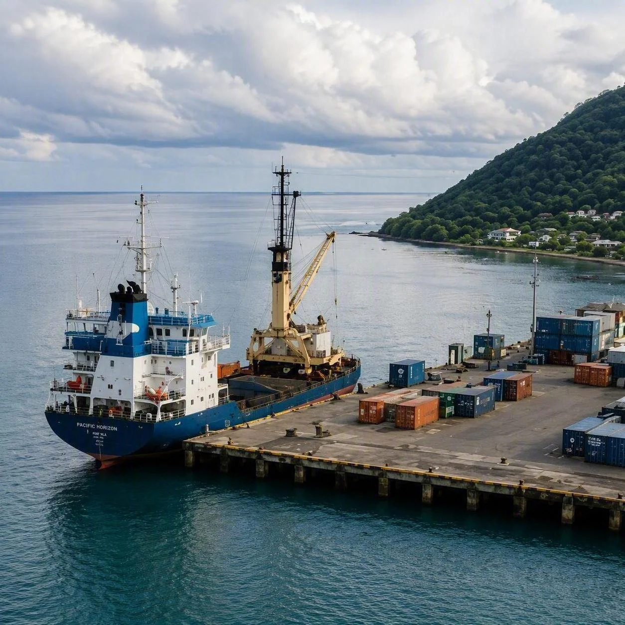 An AI working Pacific harbour featuring maritime infrastructure, logistics facilities and coastal landscapes. The image represents real-economy investment, infrastructure, trade and sustainable economic development across Pacific Island economies.