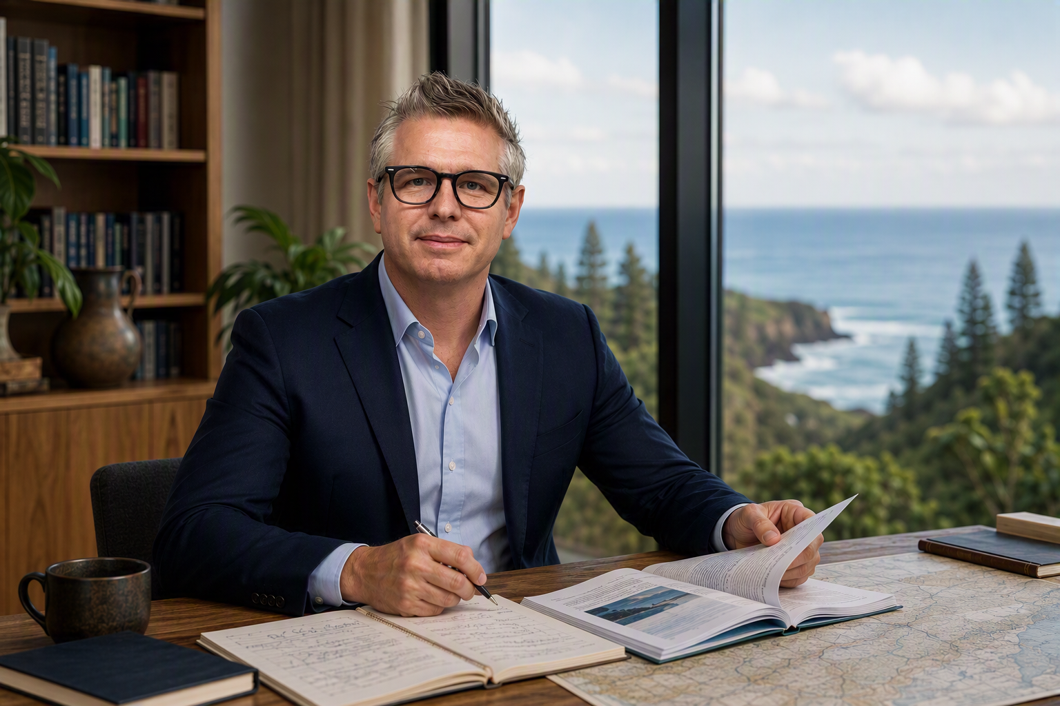 Founder Joel Quintal in a professional office environment overlooking the Pacific landscape. The image represents independent expertise in responsible investment, impact investing, governance and sustainable capital allocation.