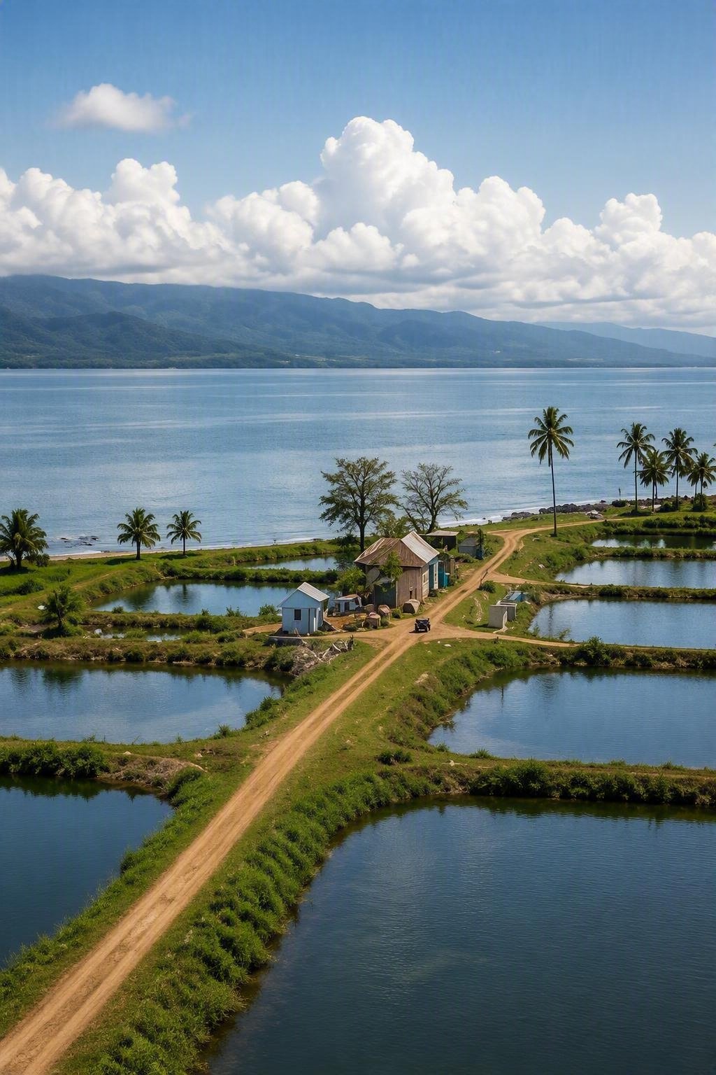 An AI-generated elevated perspective of coastal landscapes, waterways and productive land. The image reflects systems thinking, resilience and the interconnections that underpin sustainable development and investment outcomes across the Pacific.
